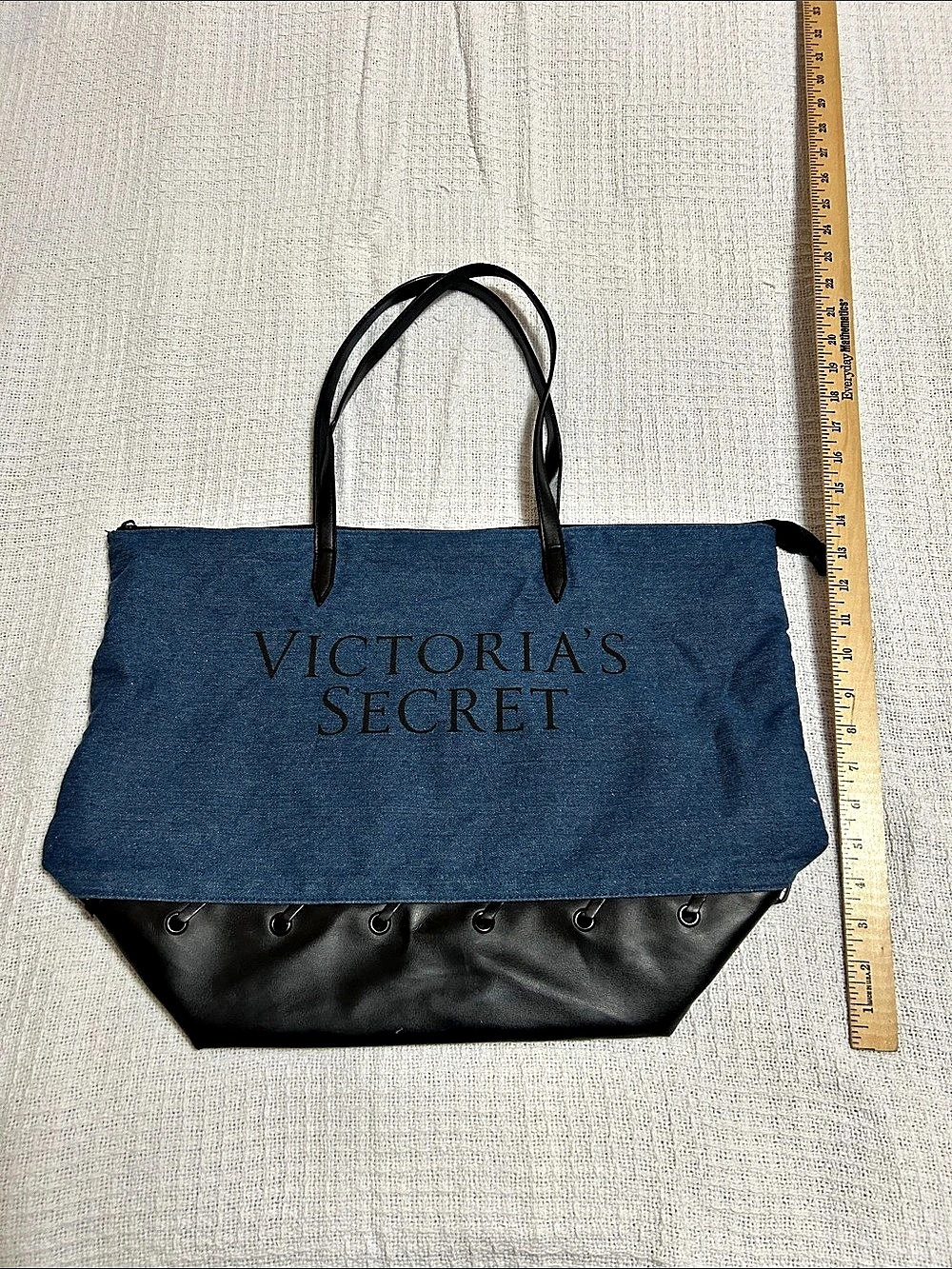Victoria's Secret Denim & Black Faux Leather Tote - Picture 2 of 11